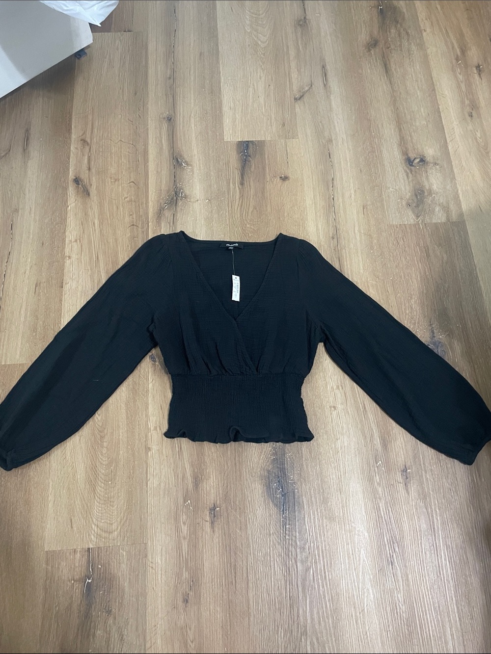 Madewell Black V-Neck Smocked Long Sleeve Top